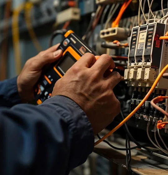 Tecnico Braga Elettroimpianti durante una verifica strumentale su quadro elettrico industriale con analizzatore di rete.