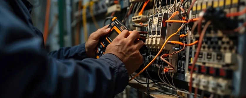 Tecnico Braga Elettroimpianti durante una verifica strumentale su quadro elettrico industriale con analizzatore di rete.