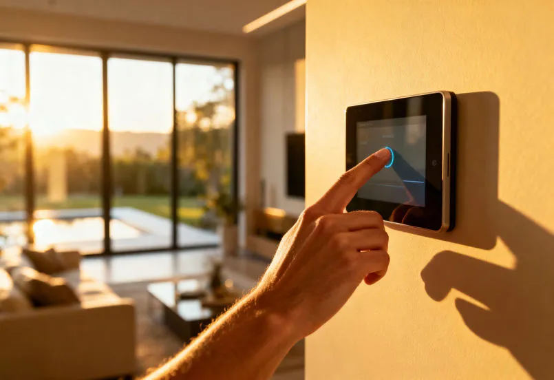 Pannello di controllo domotico su tablet per gestione luci, clima e sicurezza
