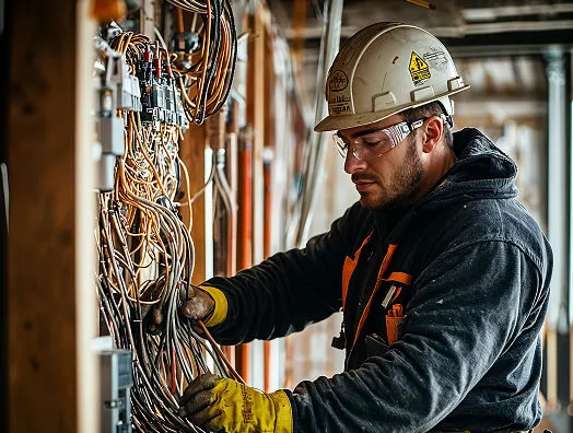 Elettricista al lavoro su pannello elettrico con molti fili